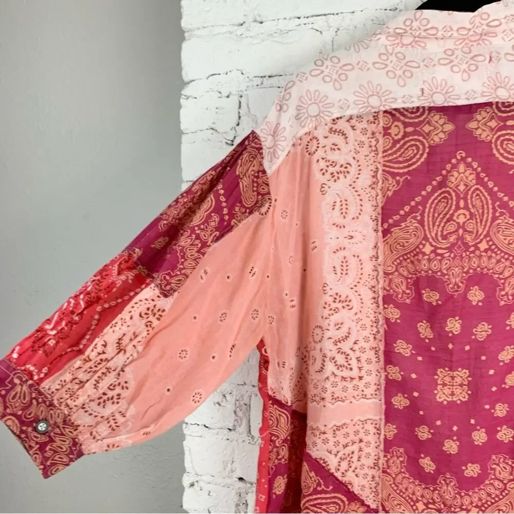 Free People Red and Cream Patchwork Bandana Button-Up Blouse